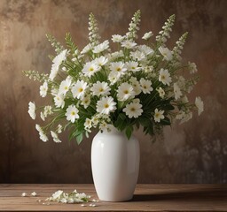 Fototapeta premium White ceramic vase filled with a vibrant bouquet of white flowers on a rustic brown background, home interior, white-on-white, bouquet