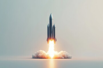 Naklejka premium 3D rocket launching with sleek metallic design and vivid flames