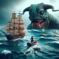 A small pirate sailing a miniature ship in a giant ocean surroun