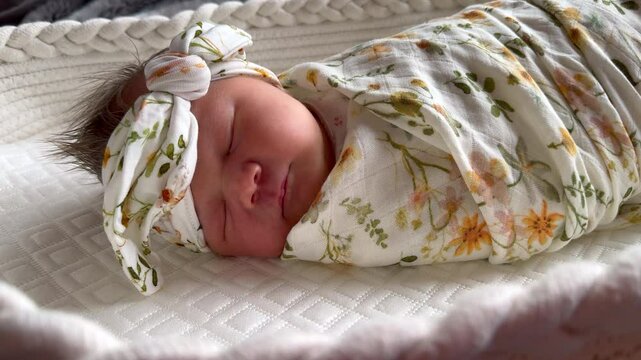Close-up Video of a swaddled newborn baby girl in a bow sleeping in a bassinet. Newborn baby sleeping
