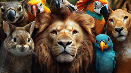 Group portrait of diverse wildlife featuring lion, parrots, and mammals