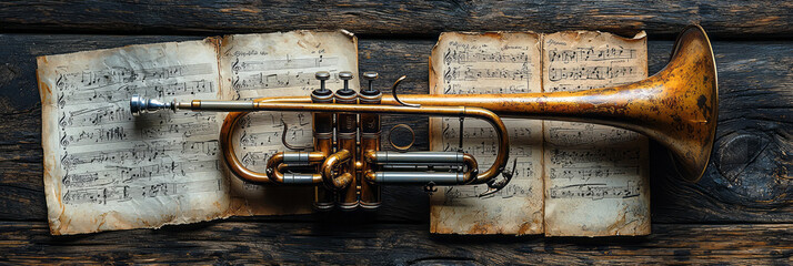 Fototapeta premium An antique trumpet with a tarnished brass finish, lying on a cracked wooden table surrounded by scattered sheet music, all lightly covered in dust,