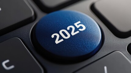 Close-up of blue keyboard button with "2025" symbolizing futuristic technology and progress