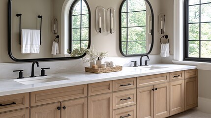 Bright and Airy Bathroom with Oak Cabinetry