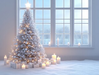 A beautifully decorated Christmas tree with soft lights stands beside glowing candles in a tranquil winter setting.