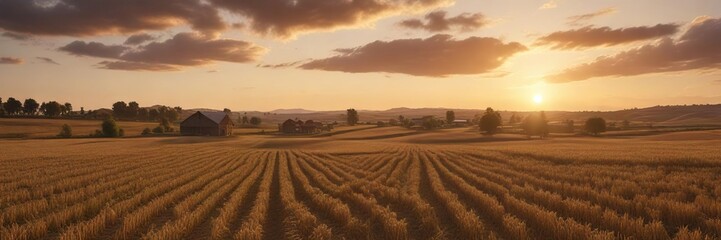 Obraz premium Golden light of sunset over a farm landscape with harvest fields, landscape, seasonal