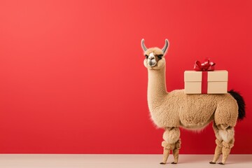 Fototapeta premium A cheerful llama standing with a gift box against a vibrant red background.