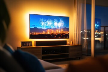 Fototapeta premium Cozy living room with LED TV and fireworks view, creating relaxing ambiance