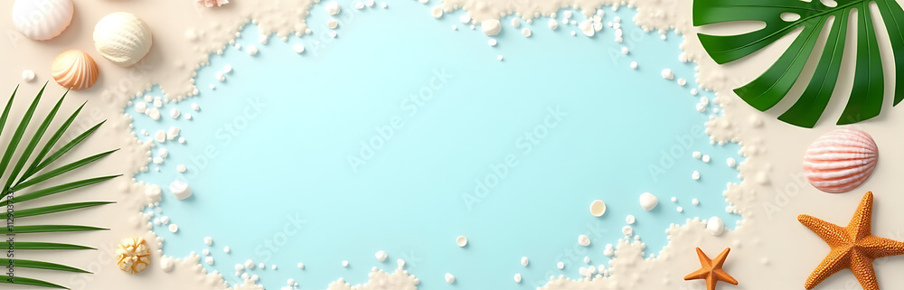Poster beach summer holiday concept with abstract background featuring seashell starfish and decoration ele