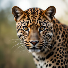 Naklejka premium Beautiful African Leopard Looking at the Camera – AI Generated Wildlife Art. A stunning AI-generated illustration of an African leopard gazing directly into the camera with captivating eyes