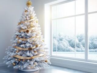 A beautifully decorated white Christmas tree stands beside a bright window, showcasing festive ribbons and ornaments against a winter backdrop.