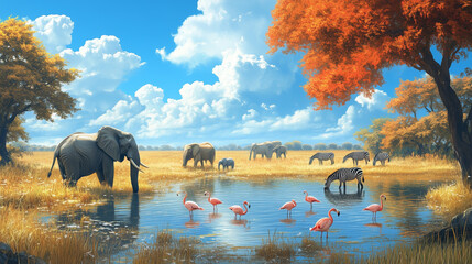 African wildlife gathering at waterhole with elephants and flamingos