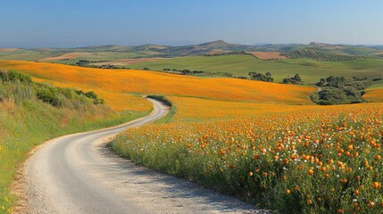 Naklejka premium Serene Countryside Road Winding Through a Vibrant Orange Flower Field