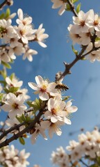Obraz premium Aerial view of a flying bee collecting nectar from apricot flowers, apricot tree, nectar