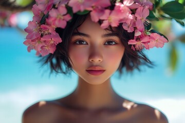 Young woman with floral crown poses against vibrant ocean backdrop, capturing the essence of summer and beauty in a serene environment