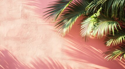 Pink Wall with Palm Fronds and Shadows: A Tropical Summer Vibe