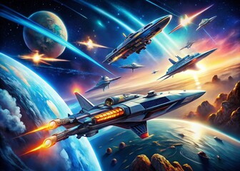 Intriguing Sci-Fi Scene of a Fleet of Spaceships Navigating the Cosmos, Perfect for a Science Fiction Book Cover, Capturing the Essence of Outer Space Adventure and Exploration