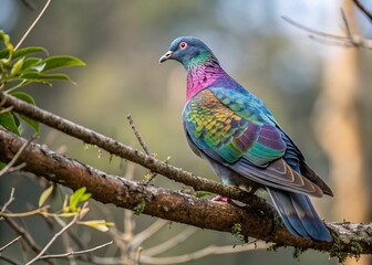 Obraz premium Iridescent Pigeon Perched on a Branch with Unique Plumage, Captured in a Natural Setting, Perfect for Nature Lovers and Bird Enthusiasts, with Ample Copy Space for Text Overlay