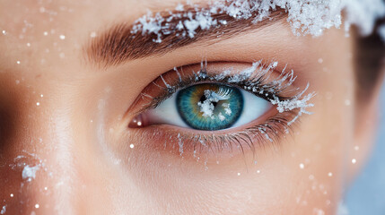 eyes with glistening snowflakes on the lashes, reflecting the sparkle of a winter landscape in the background.