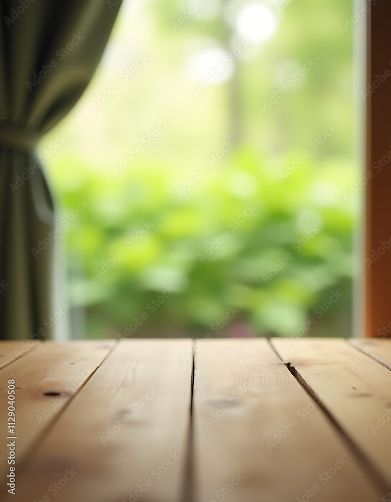 Poster a wooden tabletop is blurred in the background by a flowing curtain and an abstract green garden sce