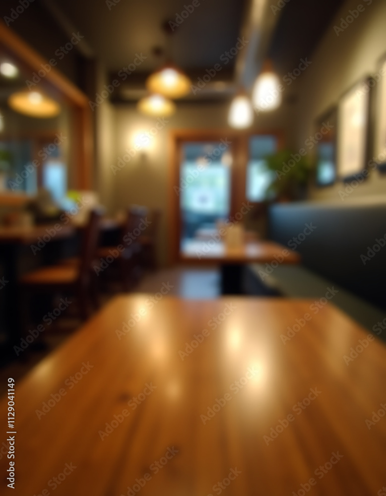 Aufkleber A wooden table top reflects a blurred lighting effect in a busy cafe setting with selective focus on the table surface._00002_