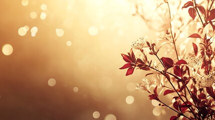 Fototapeta premium Delicate White Blossoms And Red Leaves In Golden Light