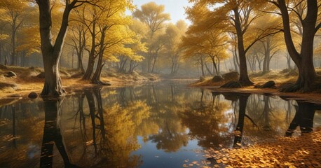 A forest of oak and beech trees with golden leaves scattered around a tranquil pond , pond, reflection