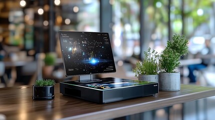 Glowing Retail Payment Terminal with Secure AI Enhanced Transactions and Holographic Displays