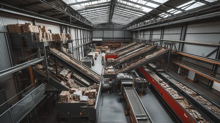 Fototapeta premium Mail sorting facility with automated machinery efficiently processing and organizing large volumes of mail, showcasing the importance of technology in modern logistics and postal services.