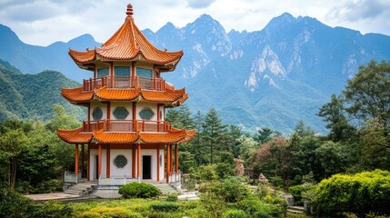 Iconic Asian landmark with a backdrop of mountains