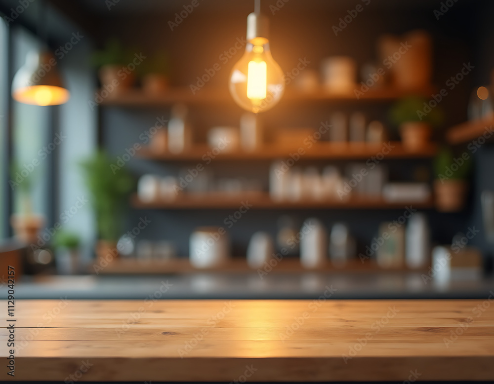 Poster A wood table top with a blurred counter backdrop features a light bulb, suitable for product display and design visuals._00001_