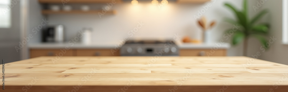 Aufkleber a wood table top is set against a blurred kitchen counter background for a product display or design