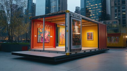A temporary art gallery constructed with recycled shipping containers, set up in a vibrant cityscape for a limited exhibition