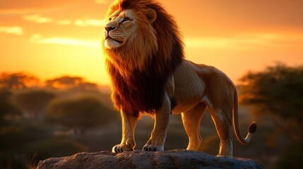 Majestic Lion at Sunset in the African Savanna