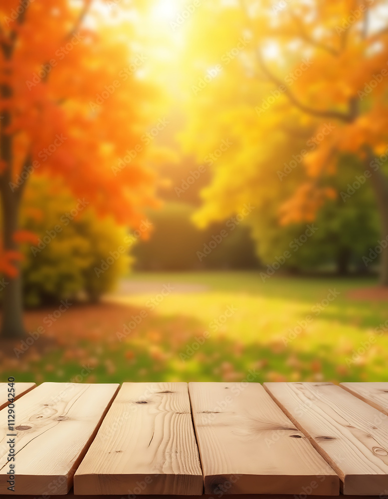 Poster a wood table top features a blurred orange garden scene as a possible montage background for a produ
