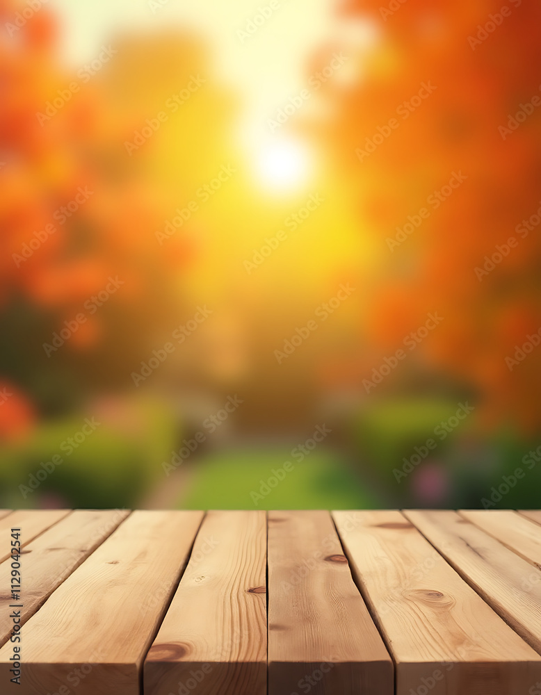 Poster a wood table top features a blurred orange garden scene as a possible montage background for a produ