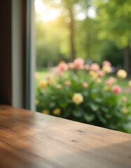 Fototapeta premium A wood table countertop is partially in focus while a nearby flower garden remains blurred out of focus._00002_