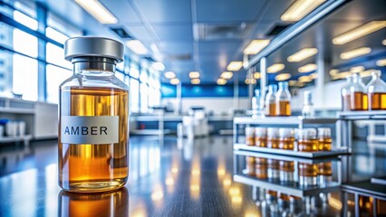 Laboratory Medical Vial with Amber Liquid in Pharmaceutical Research Facility Showcasing Advanced Scientific Equipment and Cleanroom Environment for Innovative Drug Development