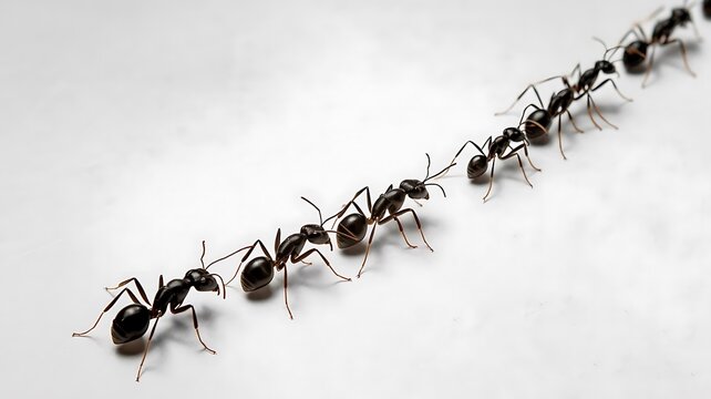 Group of ant on white table background, close up view ants