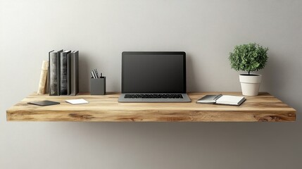 Fototapeta premium Minimalist Home Office Workspace Setup: Laptop, Books, Plant, and Wooden Desk