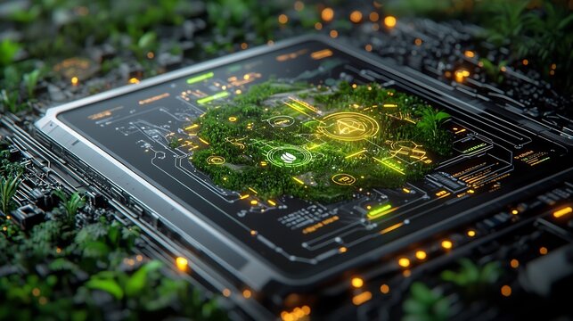 Innovative Sustainable Technology Hub with Glowing Environmental Metrics - Powered by Adobe