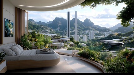 Fototapeta premium Innovative Urban Residential Project with Rooftop Solar Panels and Vertical Wind Turbines