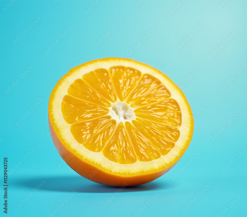 Poster A vibrant orange slice is placed against a serene blue background creating a visually striking and harmonious color combination instantly._00002_