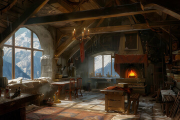 Cozy attic interior with a fireplace, books, and mountain views.