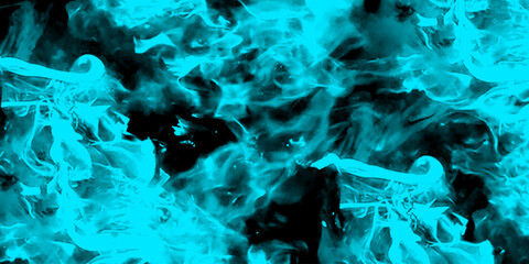 Whiffs of Blue glowing smoke and swirls of aromatic colorful incense against a Black background. Grunge image paint background texture wallpaper art frame