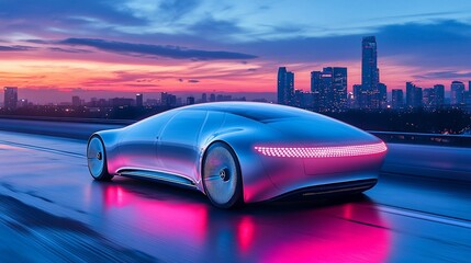 Futuristic silver car driving on highway at sunset.