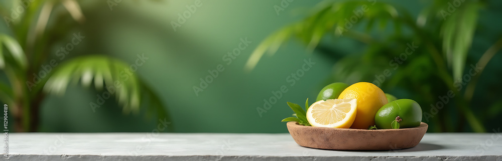 Poster a summer themed display features a concrete table counter set against a blurred coconut leaf greener