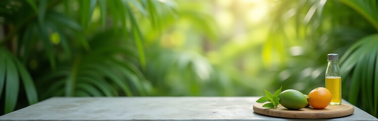 A summer themed display features a concrete table counter set against a blurred coconut leaf greenery background._00001_