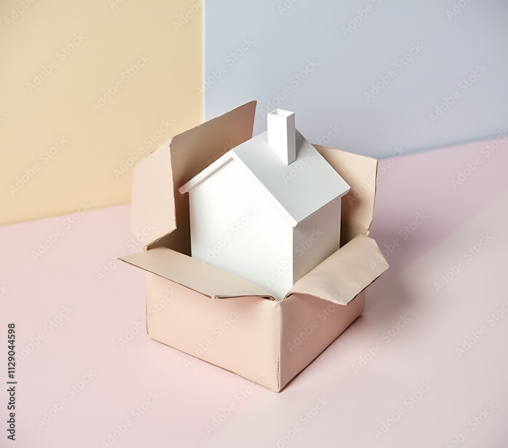Poster a small white model house is nestled within a tiny box surrounded by soft pastel colors._00002_