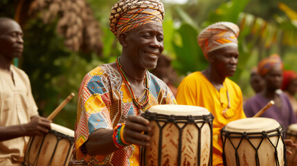 African drummers in traditional ethnic costumes performing ritual music at tribal festival. Authentic cultural celebration with percussion instruments. Concept of preserving heritage, performances